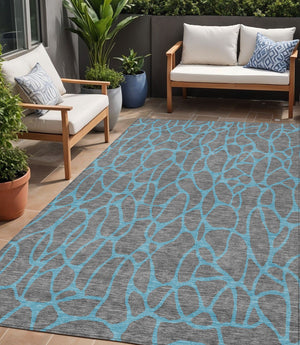 Homeroots 3' Beige And Blue Geometric Indoor Outdoor Area Rug – Durable, Washable, Stylish For Any Space 5' X 8' Polyester 599197