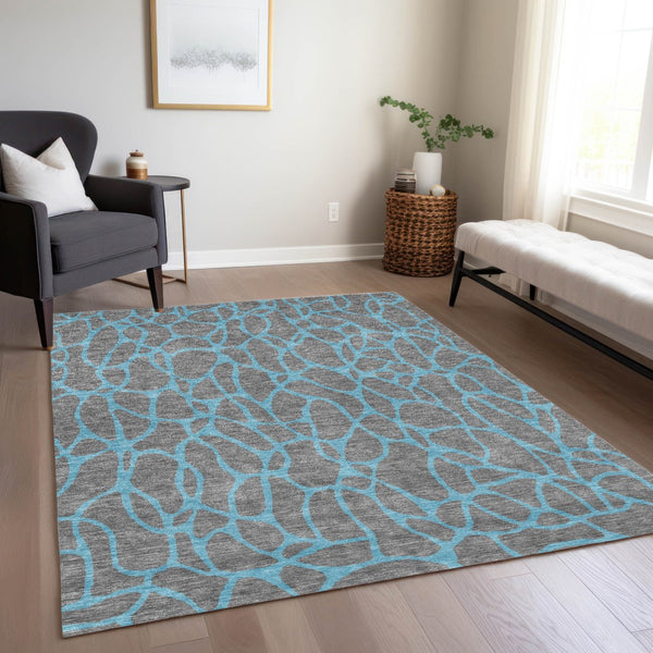 Homeroots 3' Beige And Blue Geometric Indoor Outdoor Area Rug – Durable, Washable, Stylish For Any Space 8' X 10' Polyester 599199