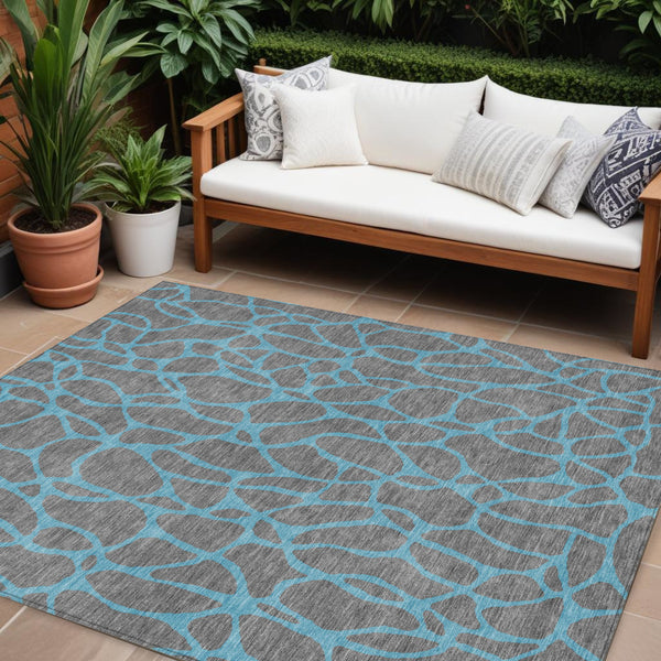 Homeroots 3' Beige And Blue Geometric Indoor Outdoor Area Rug – Durable, Washable, Stylish For Any Space 10' X 14' Polyester 599201