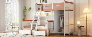English Elm Twin Over Full Wooden Bunk Bed With Stylish Storage, Led Light, Drawers, And Wardrobe In White & Orange N820S00063K-GIGA