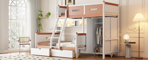 English Elm Twin Over Full Wooden Bunk Bed With Stylish Storage, Led Light, Drawers, And Wardrobe In White & Orange N820S00063K-GIGA