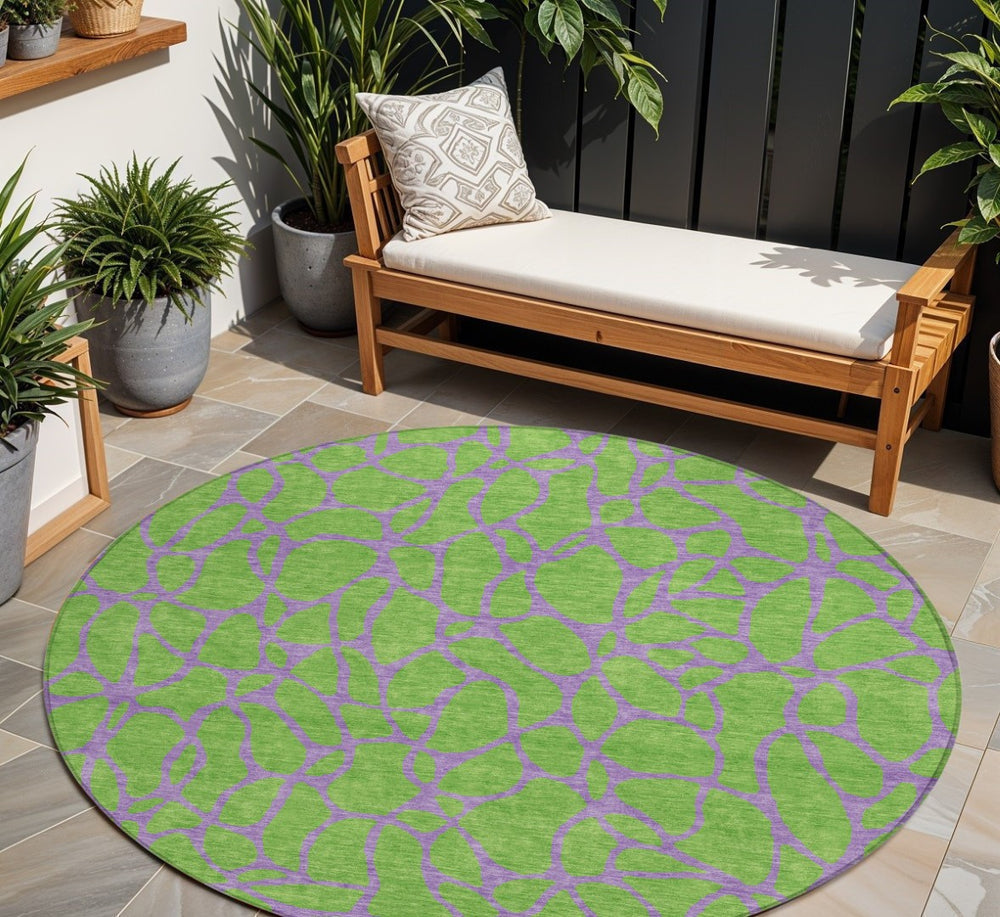 HomeRoots 5' Geometric Lime Green and Purple Area Rug - Durable, Washable Design for Indoor and Outdoor Use 8' Round 599210