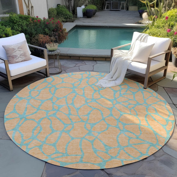 Homeroots 3' Beige And Blue Geometric Indoor Outdoor Area Rug – Durable, Washable, Stylish For Any Space 8' Round Polyester 599216