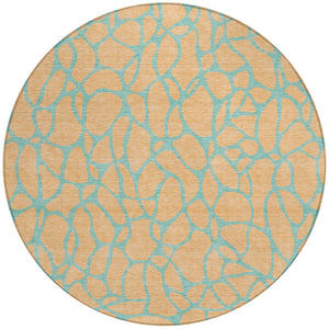 Homeroots 3' Beige And Blue Geometric Indoor Outdoor Area Rug – Durable, Washable, Stylish For Any Space 8' Round Polyester 599216