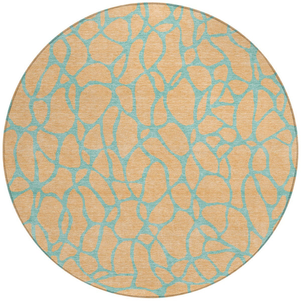 Homeroots 3' Beige And Blue Geometric Indoor Outdoor Area Rug – Durable, Washable, Stylish For Any Space 8' Round Polyester 599216