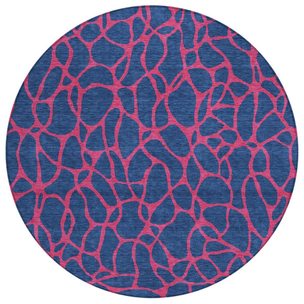 HomeRoots 5' Stylish Navy Blue and Dark Pink Geometric Washable Area Rug for Indoor and Outdoor Use 8' Round 599222