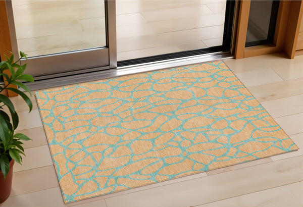 Homeroots 3' Beige And Blue Geometric Indoor Outdoor Area Rug – Durable, Washable, Stylish For Any Space 3' X 5' Polyester 599226