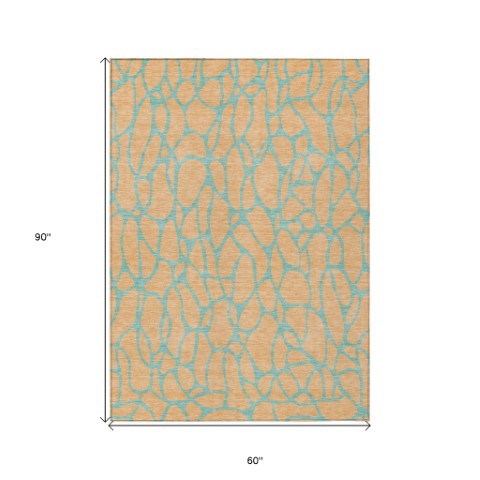 Homeroots 3' Beige And Blue Geometric Indoor Outdoor Area Rug – Durable, Washable, Stylish For Any Space 5' X 8' Polyester 599227