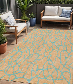Homeroots 3' Beige And Blue Geometric Indoor Outdoor Area Rug – Durable, Washable, Stylish For Any Space 5' X 8' Polyester 599227