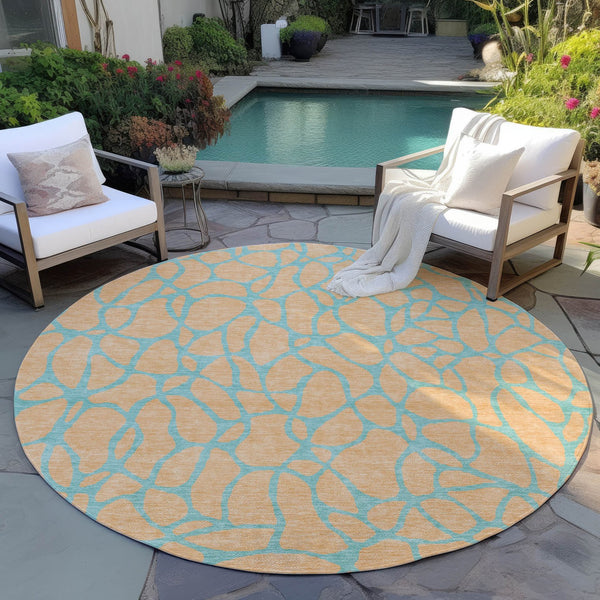 Homeroots 3' Beige And Blue Geometric Indoor Outdoor Area Rug – Durable, Washable, Stylish For Any Space 8' Round Polyester 599228
