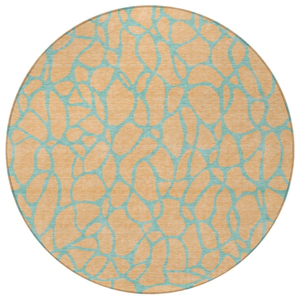 Homeroots 3' Beige And Blue Geometric Indoor Outdoor Area Rug – Durable, Washable, Stylish For Any Space 8' Round Polyester 599228