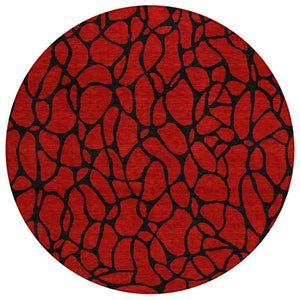 HomeRoots 5' Modern Red and Black Geometric Area Rug - Washable, Stain-Resistant for Indoor and Outdoor Use 8' Round 599240