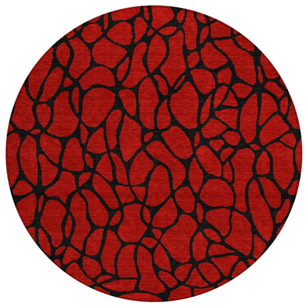 HomeRoots 5' Modern Red and Black Geometric Area Rug - Washable, Stain-Resistant for Indoor and Outdoor Use 8' Round 599240