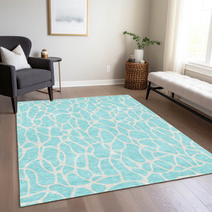 Homeroots 3' Aqua And Ivory Geometric Washable Area Rug - Perfect For Indoor And Outdoor Spaces, Durable Design 3' X 5' Polyester 599244