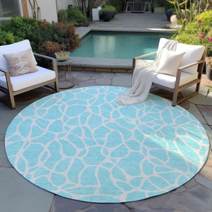 Homeroots 3' Aqua And Ivory Geometric Washable Area Rug - Perfect For Indoor And Outdoor Spaces, Durable Design 8' Round Polyester 599246