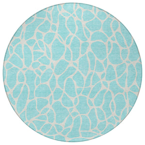 Homeroots 3' Aqua And Ivory Geometric Washable Area Rug - Perfect For Indoor And Outdoor Spaces, Durable Design 8' Round Polyester 599246