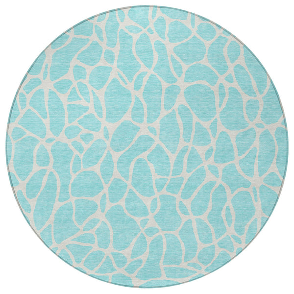 Homeroots 3' Aqua And Ivory Geometric Washable Area Rug - Perfect For Indoor And Outdoor Spaces, Durable Design 8' Round Polyester 599246