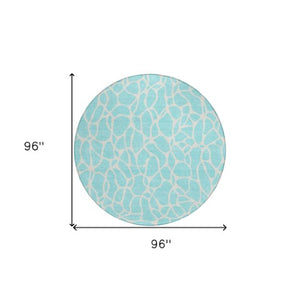 Homeroots 3' Aqua And Ivory Geometric Washable Area Rug - Perfect For Indoor And Outdoor Spaces, Durable Design 8' Round Polyester 599246