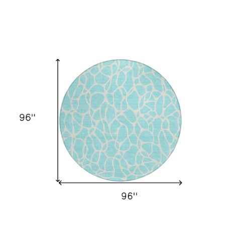 Homeroots 3' Aqua And Ivory Geometric Washable Area Rug - Perfect For Indoor And Outdoor Spaces, Durable Design 8' Round Polyester 599246
