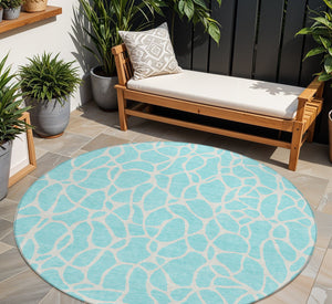 Homeroots 3' Aqua And Ivory Geometric Washable Area Rug - Perfect For Indoor And Outdoor Spaces, Durable Design 8' Round Polyester 599246