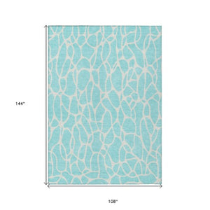Homeroots 3' Aqua And Ivory Geometric Washable Area Rug - Perfect For Indoor And Outdoor Spaces, Durable Design 9' X 12' Polyester 599248
