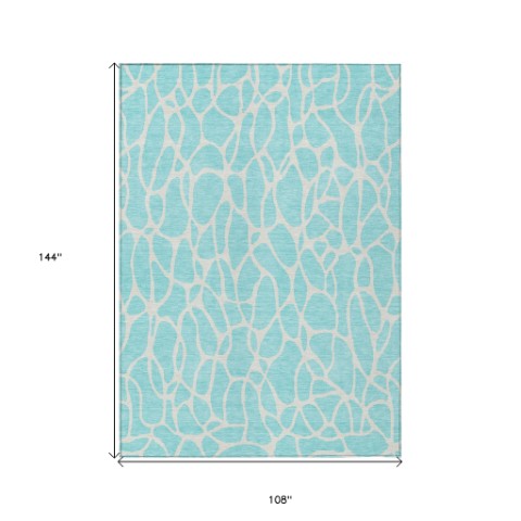 Homeroots 3' Aqua And Ivory Geometric Washable Area Rug - Perfect For Indoor And Outdoor Spaces, Durable Design 9' X 12' Polyester 599248