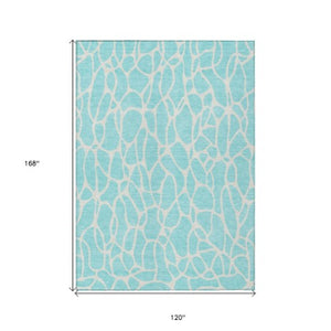 Homeroots 3' Aqua And Ivory Geometric Washable Area Rug - Perfect For Indoor And Outdoor Spaces, Durable Design 10' X 14' Polyester 599249