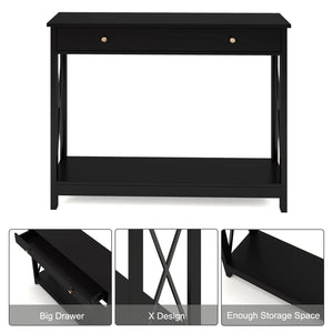 English Elm Console Farmhouse Console Table with Drawer and Open Shelves for Entryway Living Room Storage Black T3771P356230