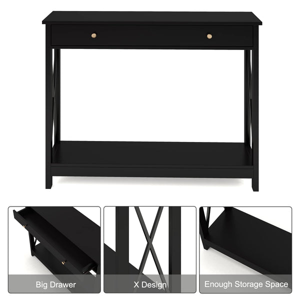 English Elm Console Farmhouse Console Table with Drawer and Open Shelves for Entryway Living Room Storage Black T3771P356230