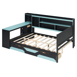 English Elm Full Size Gaming Bed Frame with Desk Led Lights Storage Drawers and Charging Station Black+Blue LP000289AAC