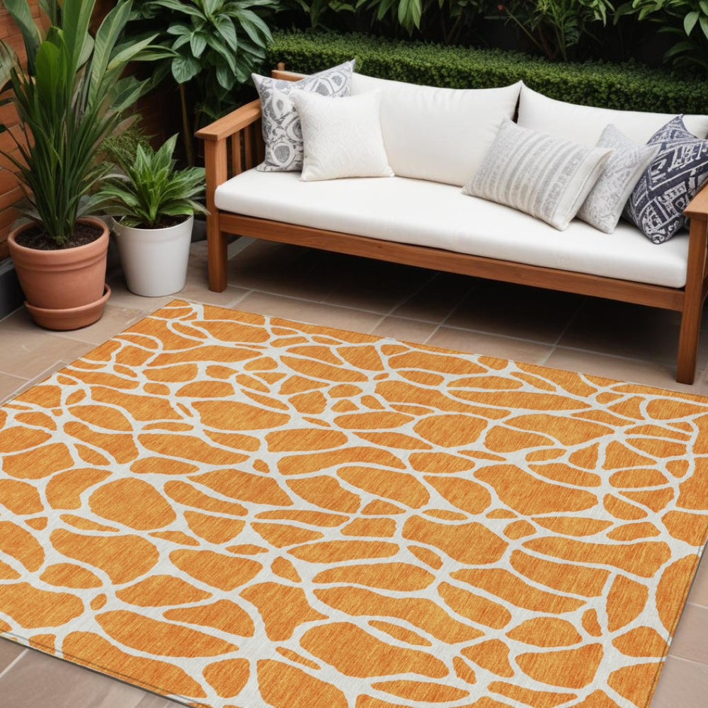 HomeRoots 5' Orange and Ivory Geometric Area Rug – Durable, Washable, and Ideal for Indoor and Outdoor Spaces 10' X 14' 599303