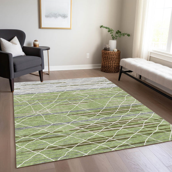 Homeroots 3' Artichoke Green And Ivory Striped Washable Area Rug - Stylish, Durable For Indoor Or Outdoor Use 3' X 5' Polyester 599328