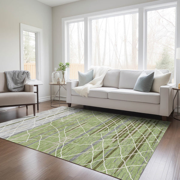 Homeroots 3' Artichoke Green And Ivory Striped Washable Area Rug - Stylish, Durable For Indoor Or Outdoor Use 3' X 5' Polyester 599328