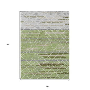 Homeroots 3' Artichoke Green And Ivory Striped Washable Area Rug - Stylish, Durable For Indoor Or Outdoor Use 5' X 8' Polyester 599329