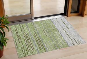 Homeroots 3' Artichoke Green And Ivory Striped Washable Area Rug - Stylish, Durable For Indoor Or Outdoor Use 5' X 8' Polyester 599329