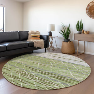 Homeroots 3' Artichoke Green And Ivory Striped Washable Area Rug - Stylish, Durable For Indoor Or Outdoor Use 8' Round Polyester 599330