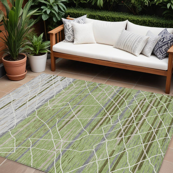 Homeroots 3' Artichoke Green And Ivory Striped Washable Area Rug - Stylish, Durable For Indoor Or Outdoor Use 10' X 14' Polyester 599333