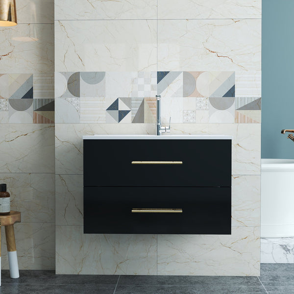 English Elm 30-Inch Sleek Black Gloss Wall-Mounted Bathroom Vanity With Integrated Sink & Easy Installation Options W3151S00054