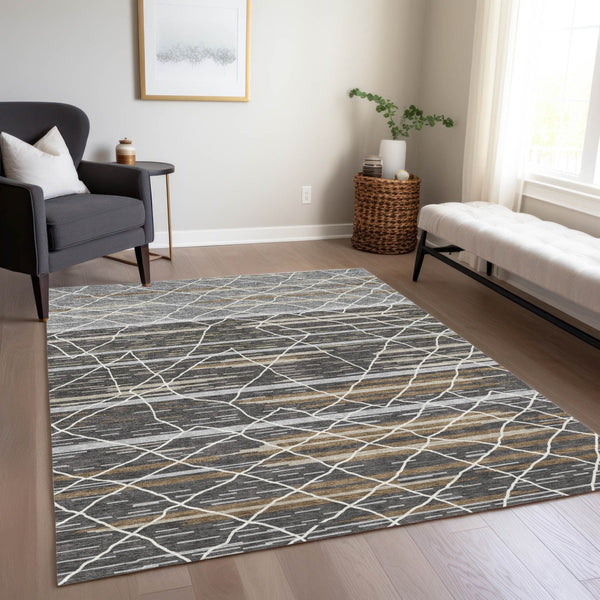 Homeroots 3' Artichoke Green And Ivory Striped Washable Area Rug - Stylish, Durable For Indoor Or Outdoor Use 10' X 14' Polyester 599351