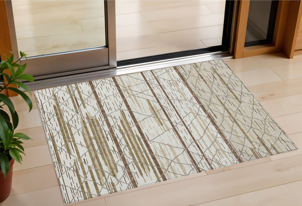 Homeroots 3' Artichoke Green And Ivory Striped Washable Area Rug - Stylish, Durable For Indoor Or Outdoor Use 3' X 5' Polyester 599358