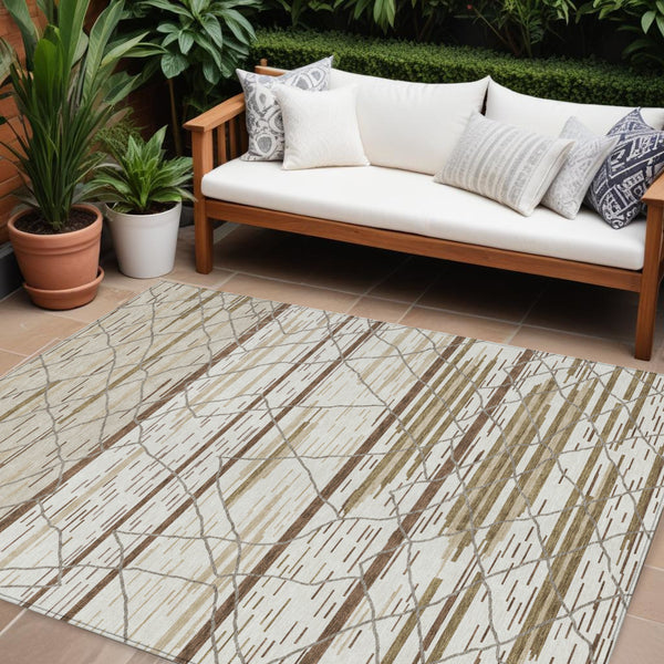 Homeroots 3' Artichoke Green And Ivory Striped Washable Area Rug - Stylish, Durable For Indoor Or Outdoor Use 9' X 12' Polyester 599362