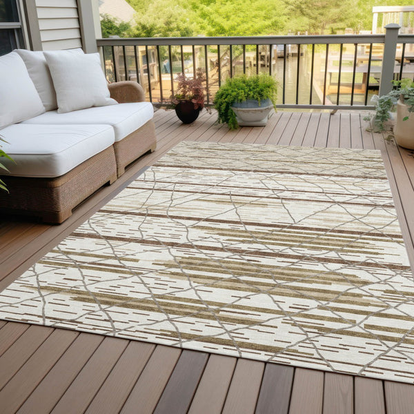 Homeroots 3' Artichoke Green And Ivory Striped Washable Area Rug - Stylish, Durable For Indoor Or Outdoor Use 10' X 14' Polyester 599363