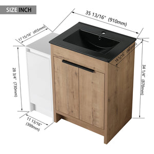 English Elm 36 Inch Freestanding Bathroom Vanity With Black Ceramic Sink & Soft-Close Doors For Modern Spaces W999S00308