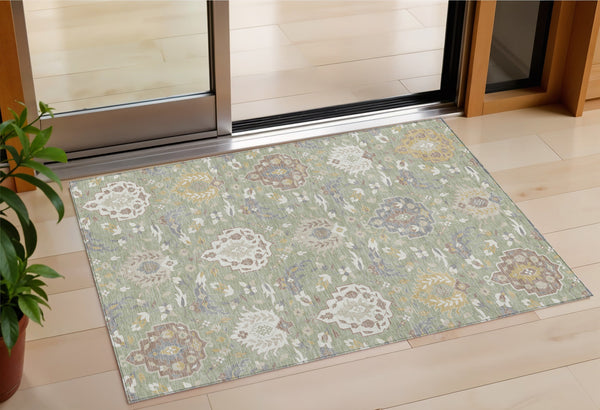 Homeroots 3' Artichoke Green Brown Ivory Damask Washable Area Rug For Indoor Outdoor Spaces, Durable Design 3' X 5' Polyester 599388