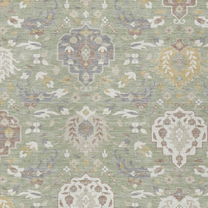 Homeroots 3' Artichoke Green Brown Ivory Damask Washable Area Rug For Indoor Outdoor Spaces, Durable Design 3' X 5' Polyester 599388