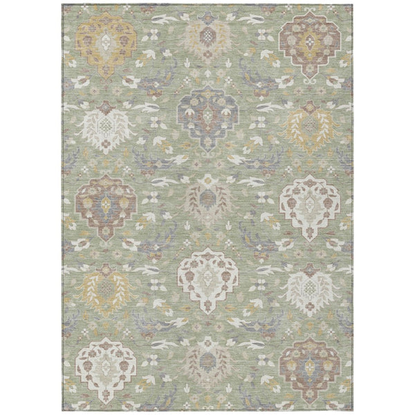 HomeRoots 5' Artichoke Green Brown Ivory Damask Rug - Elegant, Washable Indoor Outdoor Design for Any Space 5' X 8' 599389