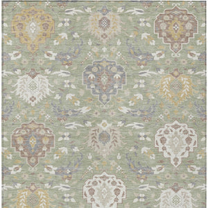 Homeroots 3' Artichoke Green Brown Ivory Damask Washable Area Rug For Indoor Outdoor Spaces, Durable Design 5' X 8' Polyester 599389