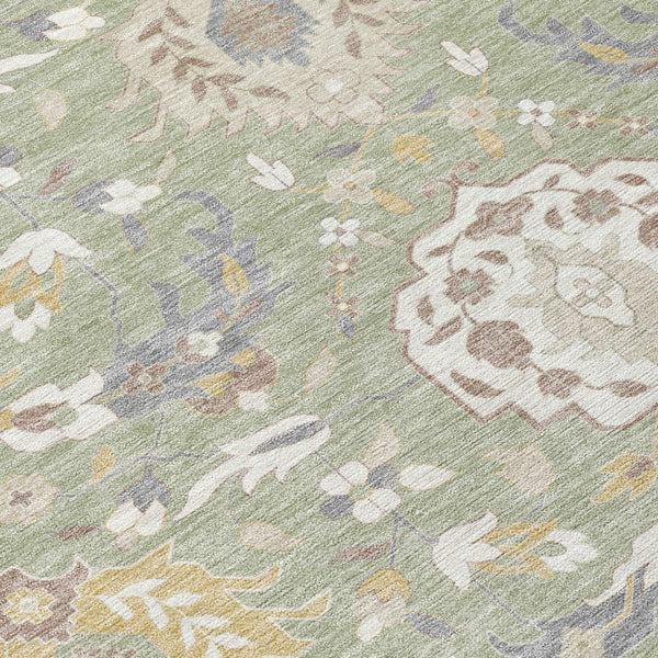 Homeroots 3' Artichoke Green Brown Ivory Damask Washable Area Rug For Indoor Outdoor Spaces, Durable Design 5' X 8' Polyester 599389