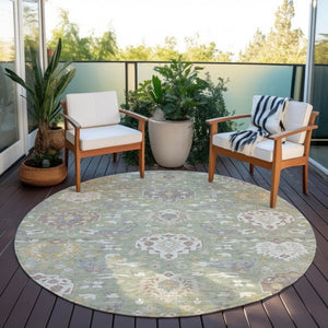 Homeroots 3' Artichoke Green Brown Ivory Damask Washable Area Rug For Indoor Outdoor Spaces, Durable Design 8' Round Polyester 599390