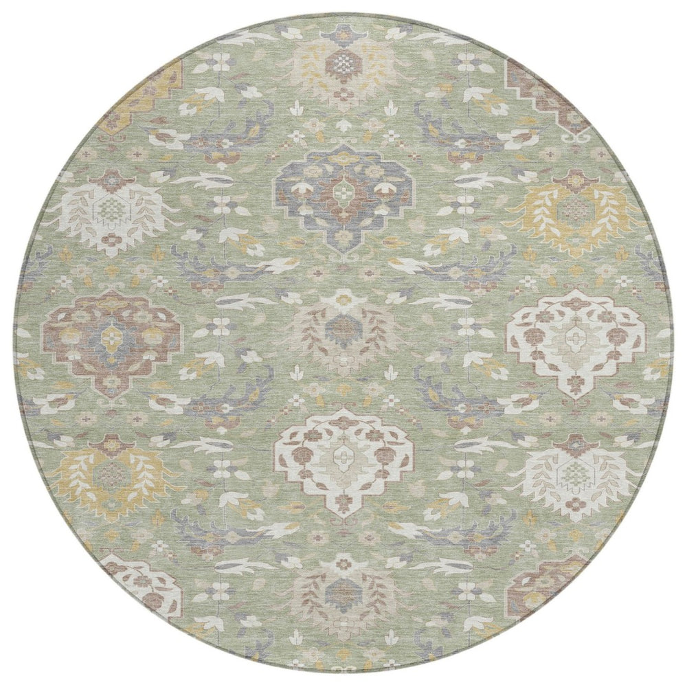 HomeRoots 5' Artichoke Green Brown Ivory Damask Rug - Elegant, Washable Indoor Outdoor Design for Any Space 8' Round 599390